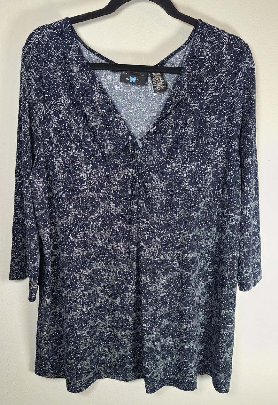 Maternity Navy/White Floral Twist Front Top XL Blouse Boho 3/4 Sleeve Stretch
